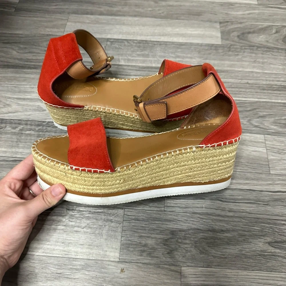 See by Chloe Glyn Mid Wedge Platform Espadrilles Suede Red 38